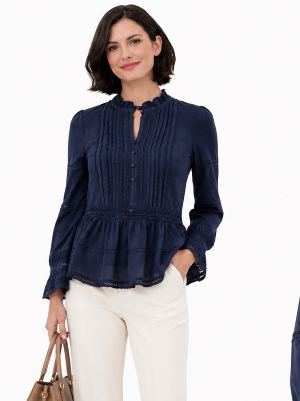 Octavia Navy Ruffled Peplum Blouse with Mandarin Collar
